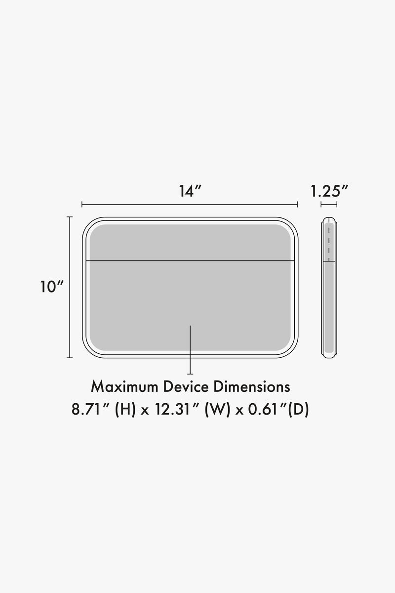 CALPAK line drawing graphic showing the dimensions of the CALPAK Laptop Case with dimensions of 10"x 14"x 1.25"