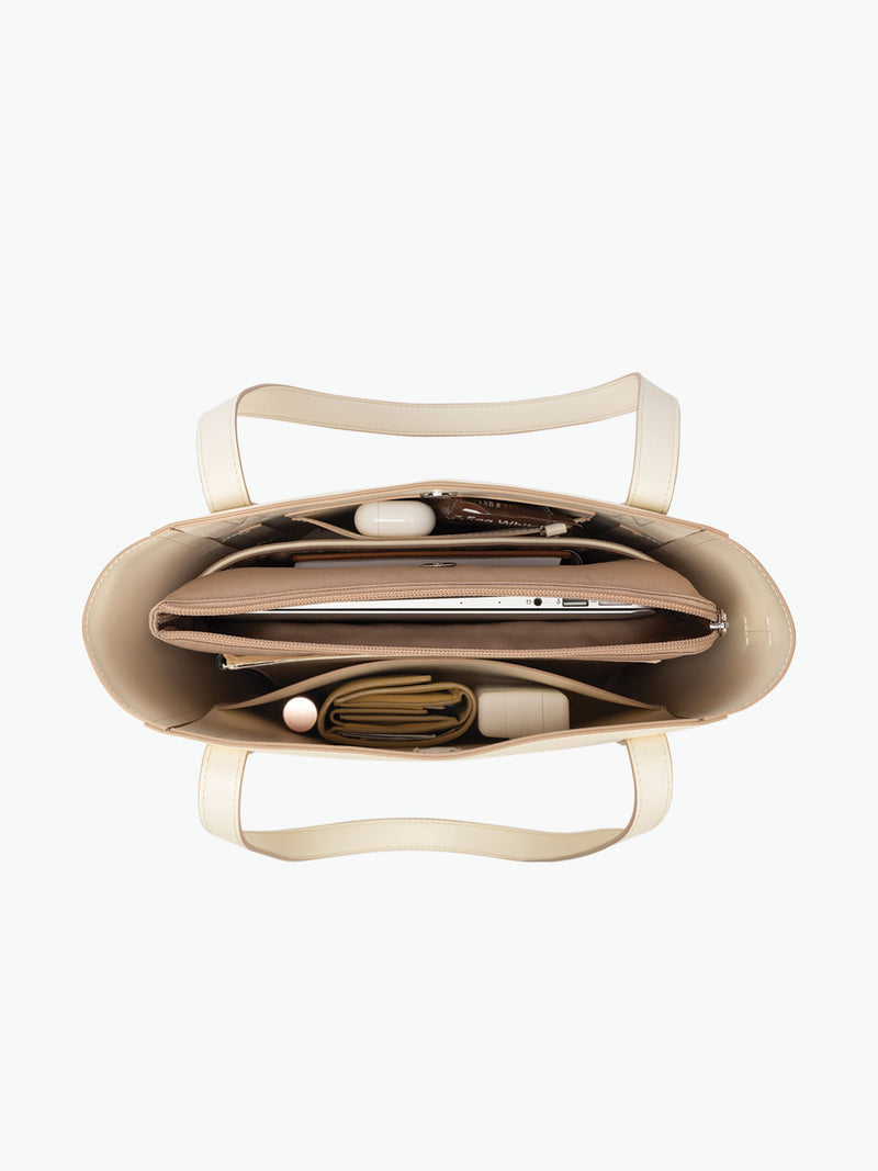 Open view of the CALPAK Haven 14" Haven Laptop Tote in white beige Buttercream