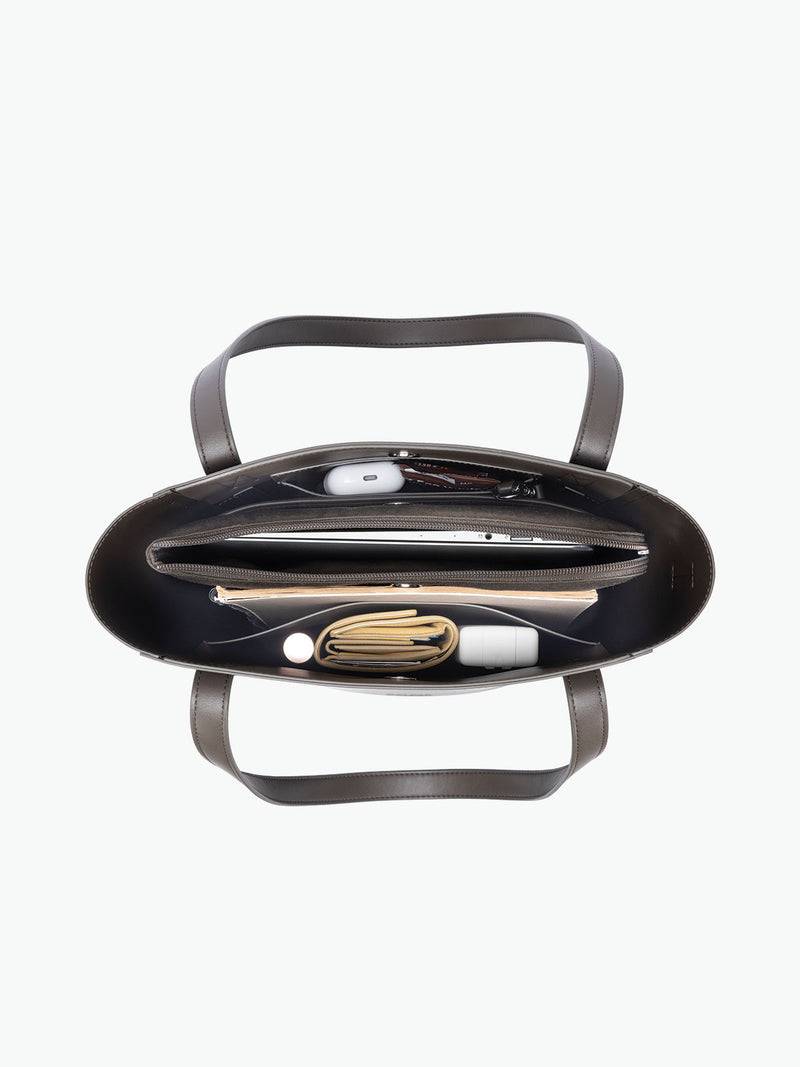 Open interior of the CALPAK Haven 14" Haven Laptop Tote in dark brown Mushroom