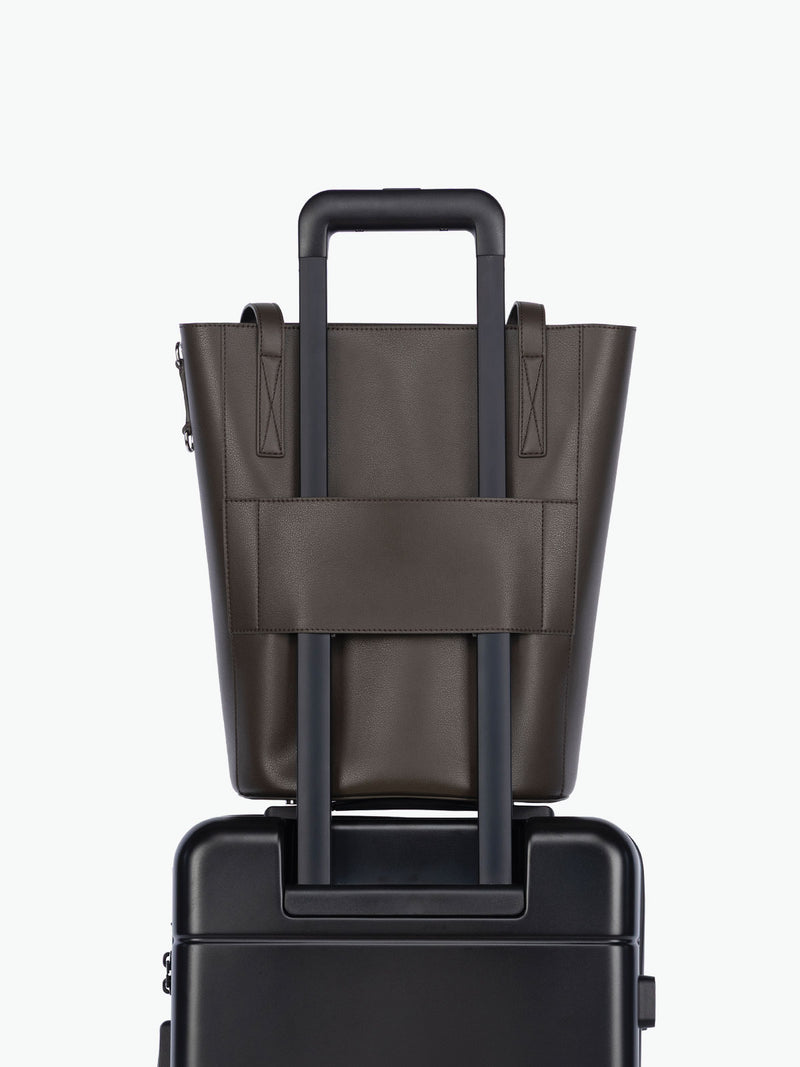 Trolley sleeve of the CALPAK Haven 14" Haven Laptop Tote in dark brown Mushroom