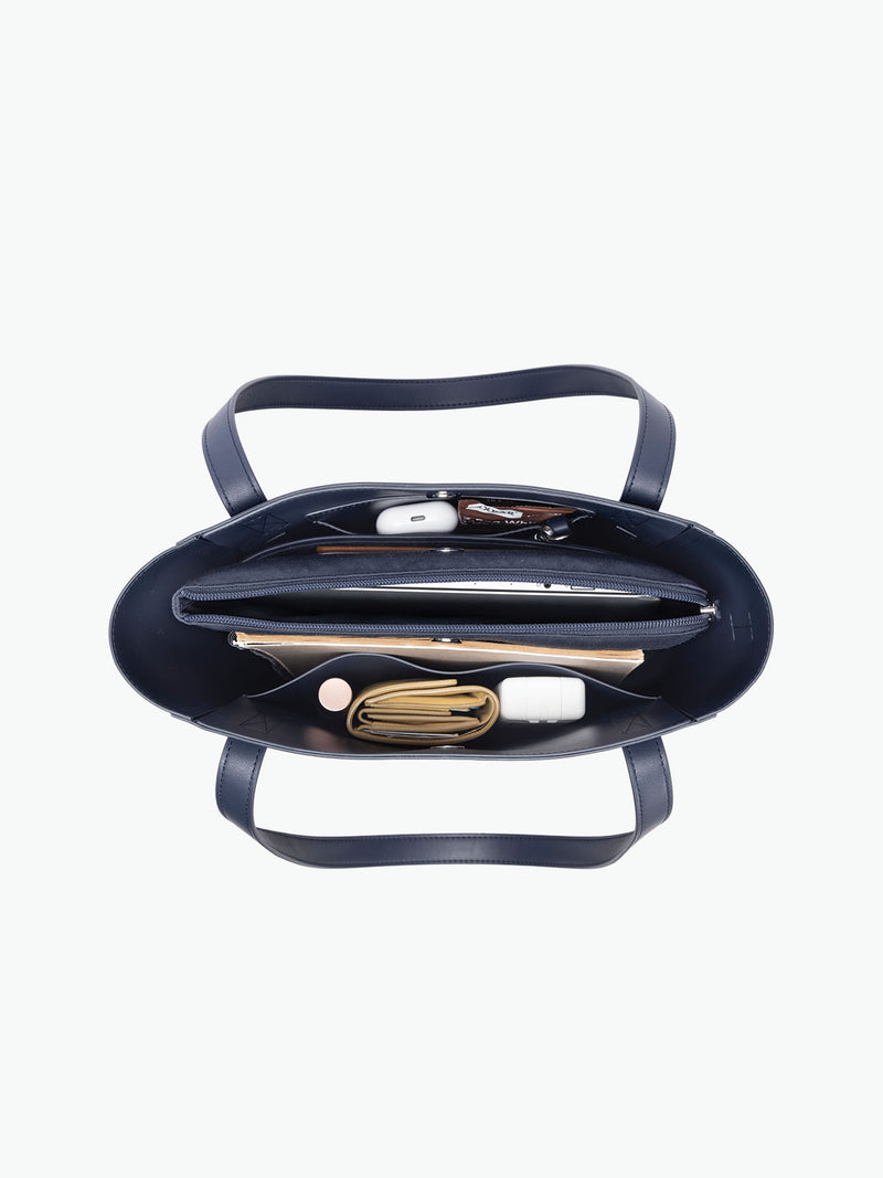 Open interior of the CALPAK Haven 14" Haven Laptop Tote in dark blue Navy