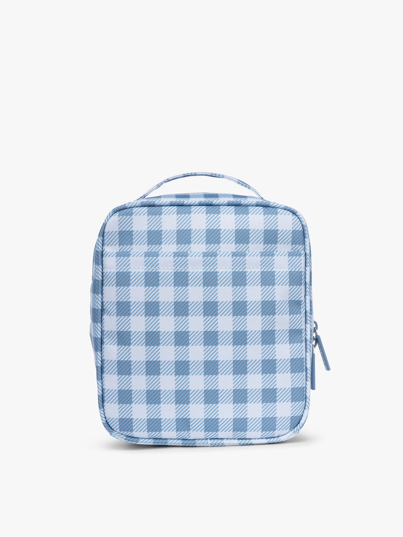 Backside of CALPAK Everything Cube in light blue and white gingham print