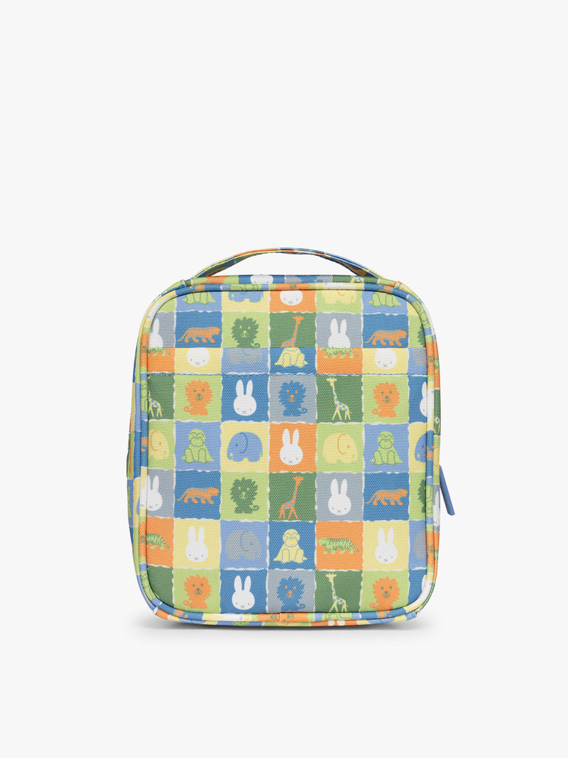 Backside of colorful organizer with Miffy and zoo animals print for the CALPAK Everything Cube