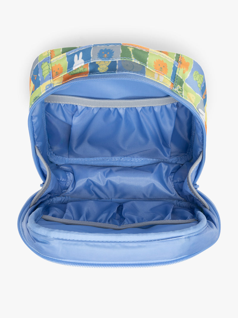 Opened view of blue organizer with Miffy and zoo animals print for the CALPAK Everything Cube