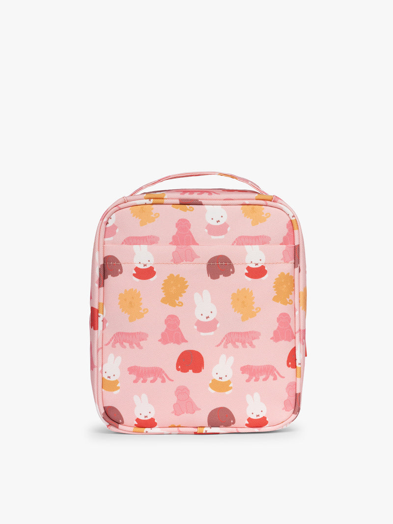 Back side of pink organizer with Miffy and zoo animals print for the CALPAK Everything Cube