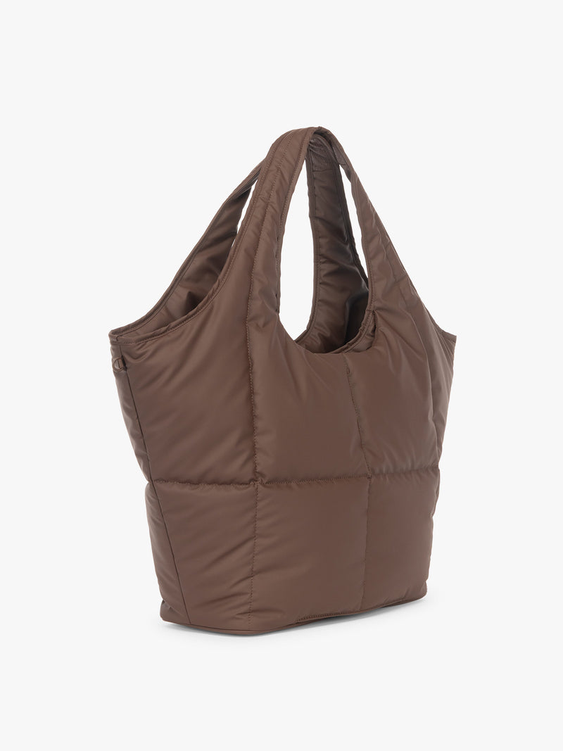 Side view of the CALPAK Luka Everything Laptop tote in brown Walnut with shoulder strap on a white background