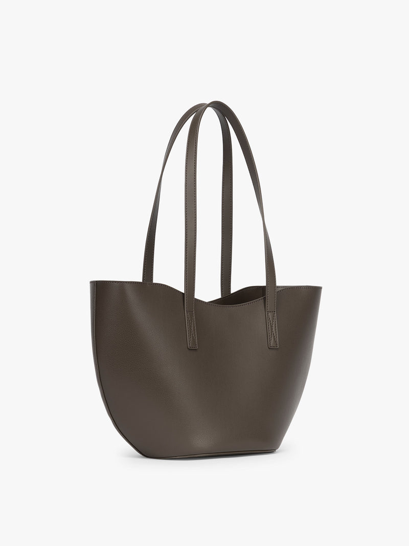 Side view of CALPAK Haven Tulip Tote in brown Mushroom