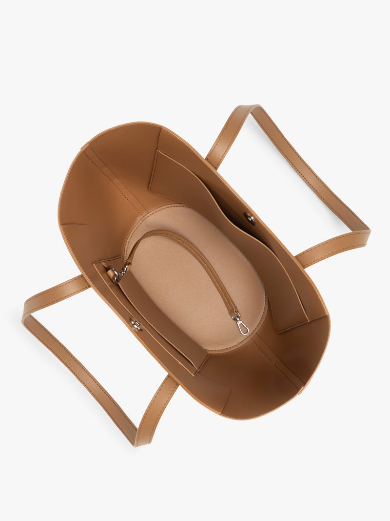Opened view of CALPAK Haven Tulip Tote in light brown Toffee