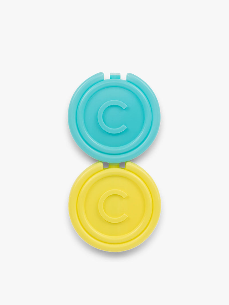 CALPAK circular Ice Packs that comes in a set of 2 in blue and yellow with letter C initial in the middle
