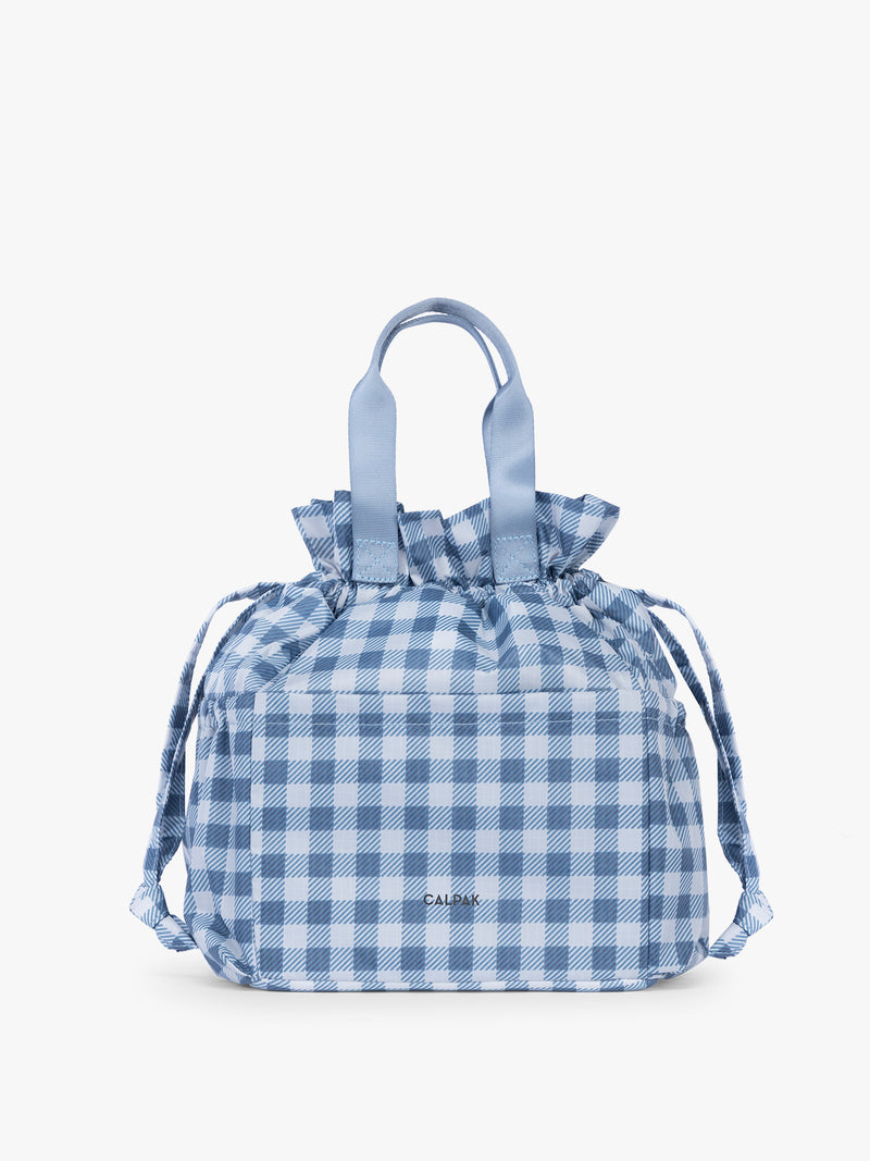 CALPAK Insulated Lunch Bag in light blue checkered in French Blue Gingham