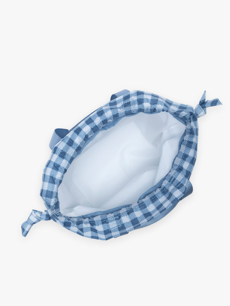Opened CALPAK Insulated Lunch Bag in light blue checkered in French Blue Gingham