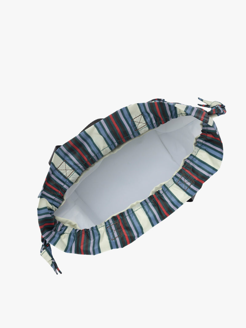 Inside view of CALPAK Insulated Lunch Bag in multicolor (celadon, mushroom, french blue, lavender) striped Riviera Stripe