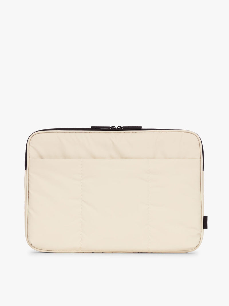 CALPAK Luka 17-in Padded Laptop Sleeve in creamy white Oatmeal with puffy exterior back view