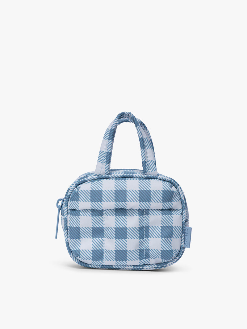 CALPAK Luka Duffel Zip Bag Charm in white and blue gingham print in French Blue Gingham