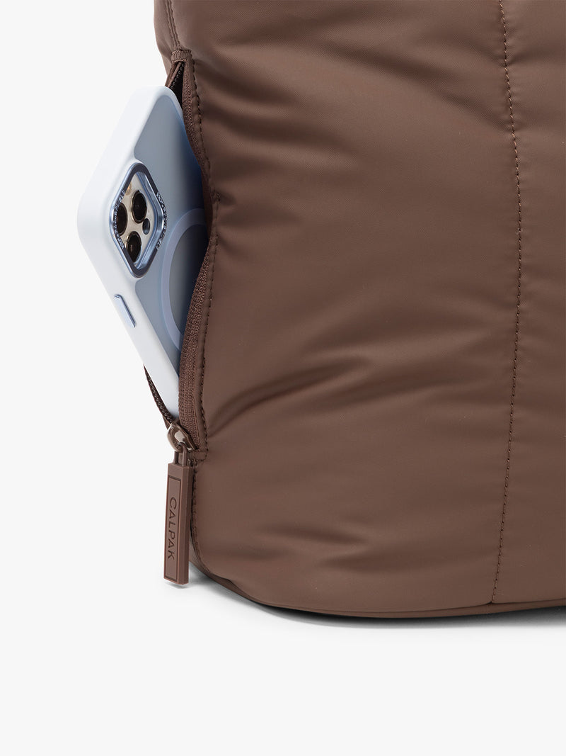 CALPAK Luka Mini Tote in brown monochrome Walnut side pocket for phone
