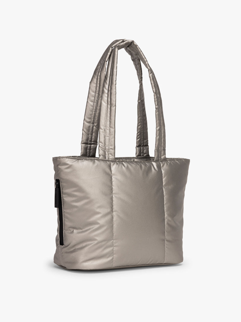 Side view of CALPAK Luka Mini Tote in metallic Gumetal grey a white background