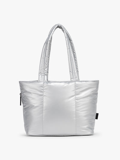 CALPAK Luka Mini Tote in shiny Silver on a white background; ALM2401-SILVER view 1