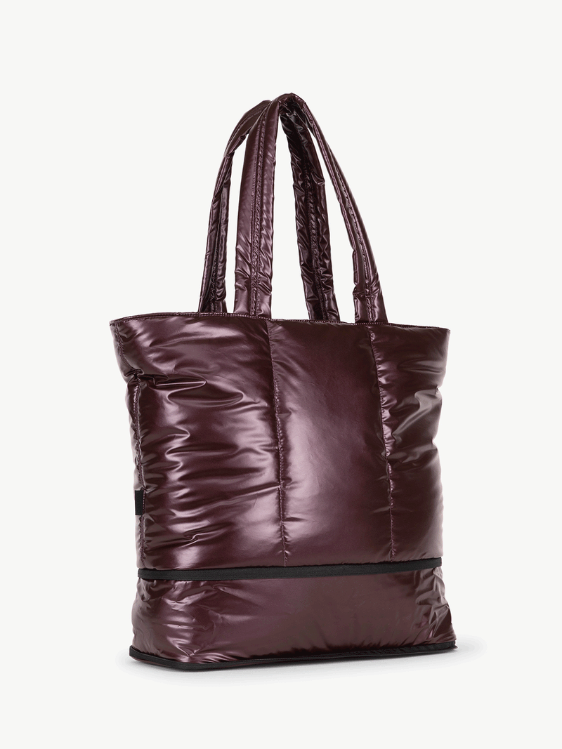 Gif of CALPAK Luka Expandable Tote in maroon Dark Cherry