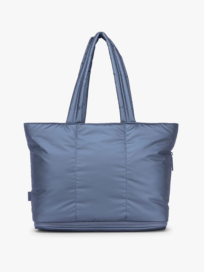 CALPAK Luka Expandable Tote in dark blue metallic material in Metallic Indigo
