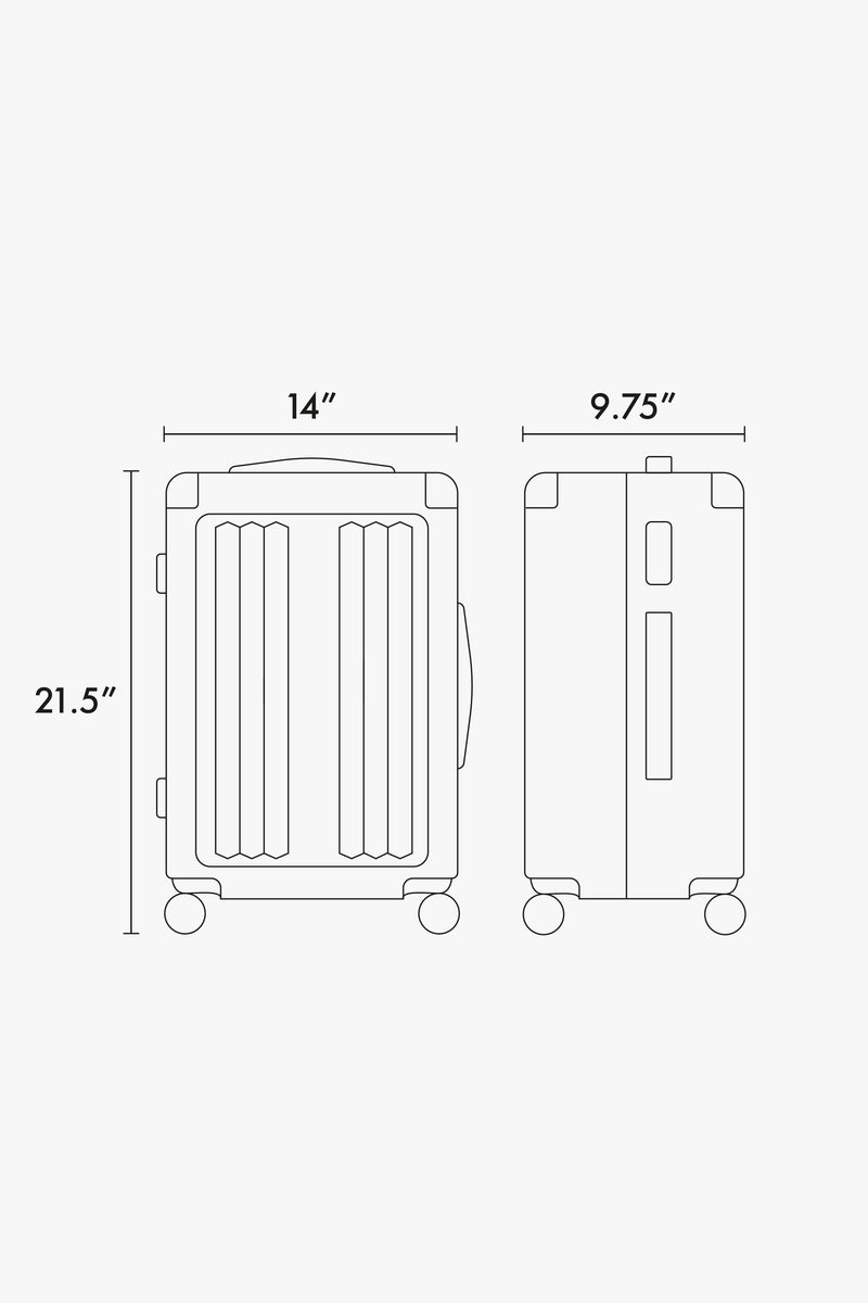 CALPAK Ambeur Front pocket carry-on luggage line drawing dimensions in inches 21.5"x14"x9.75"