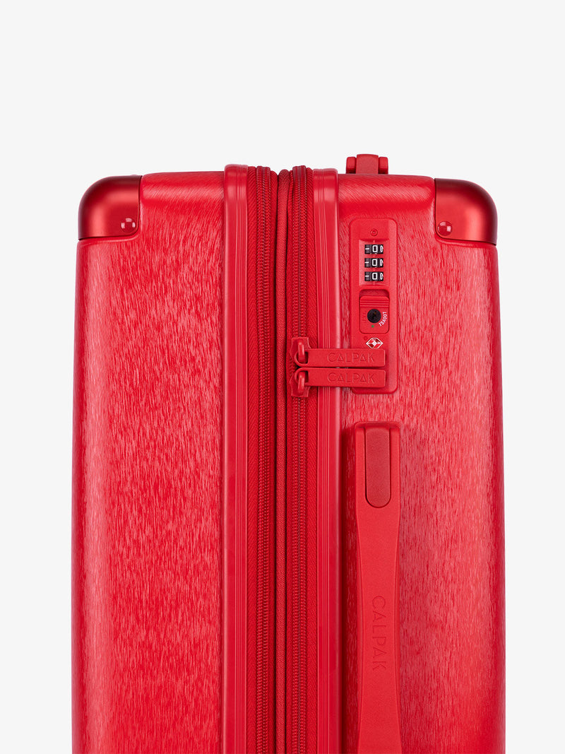 CALPAK Ambeur large sized expandable luggage with built-in TSA lock in metallic red