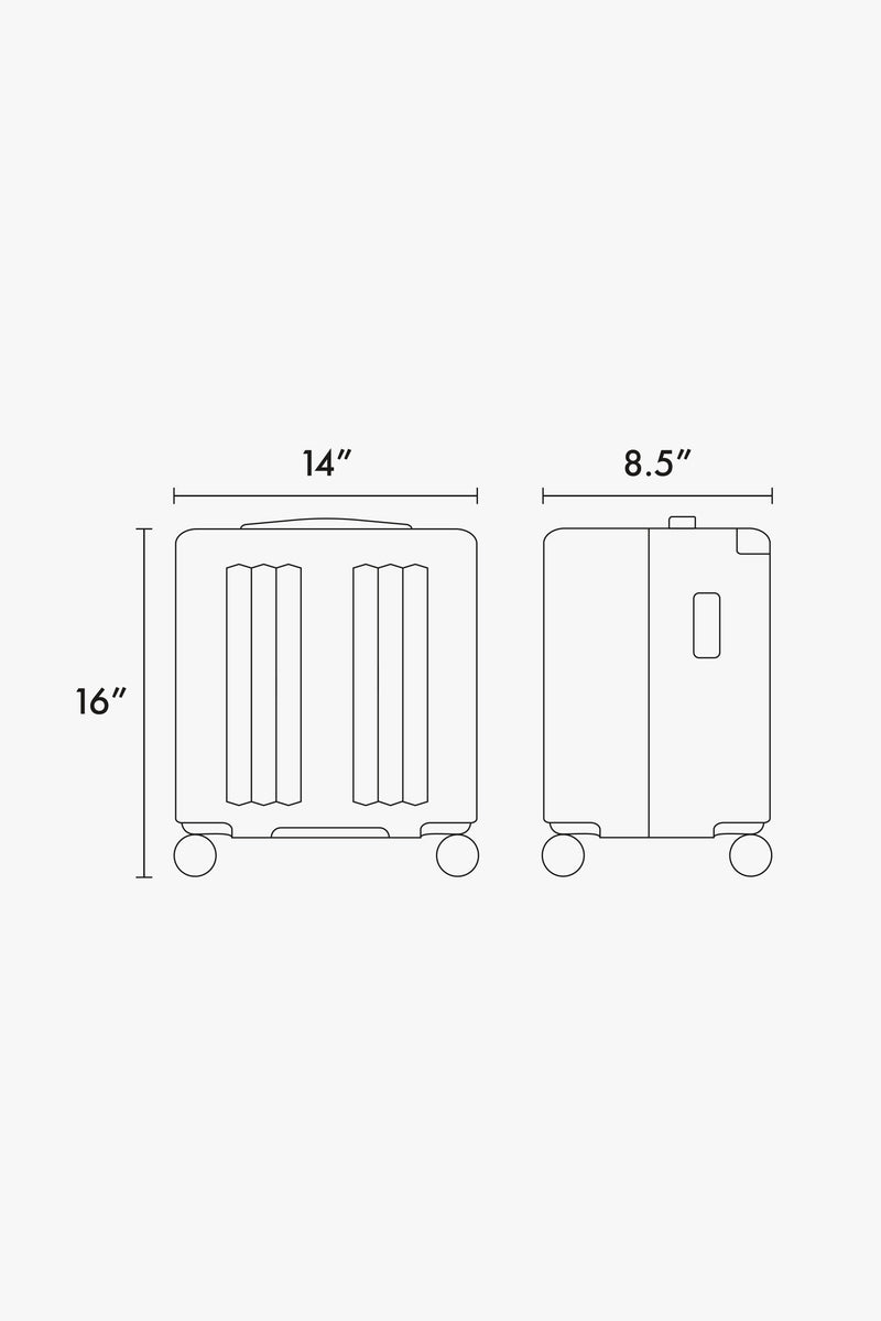 CALPAK Ambeur Mini Carry-On Luggage dimensions: 16" tall, 14" wide, 8.5" deep