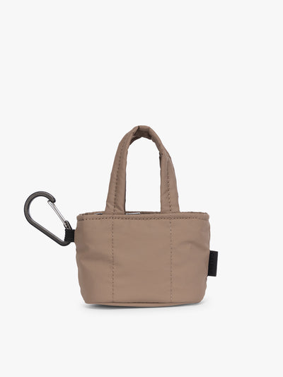 CALPAK Luka Tote Zip Bag Charm in light brown Chocolate with carabiner on a white background; AMT2601-CHOCOLATE view 1