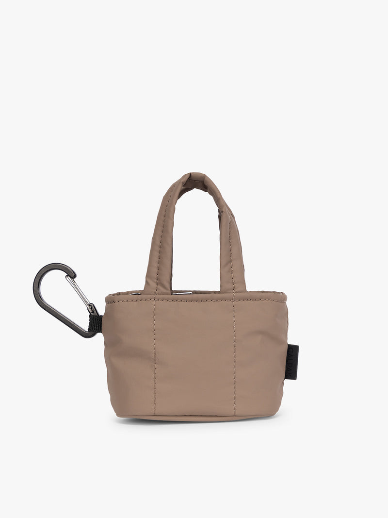 CALPAK Luka Tote Zip Bag Charm in light brown Chocolate with carabiner on a white background