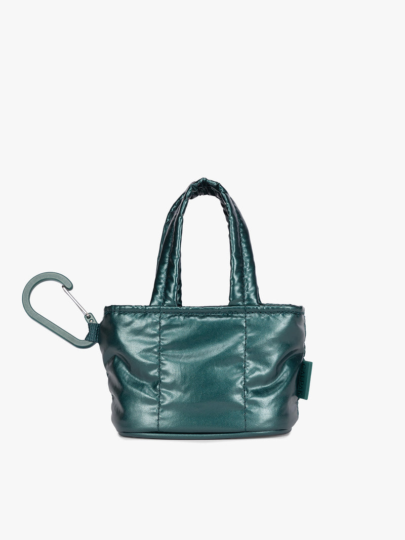 CALPAK Luka Tote Zip Bag Charm in dark green shiny Glazed Kale with clip
