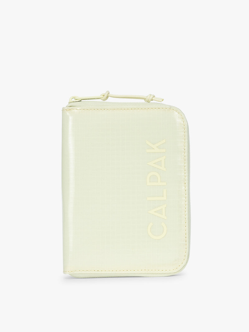 Front side of CALPAK Terra Zip Passport Wallet in light green Celadon