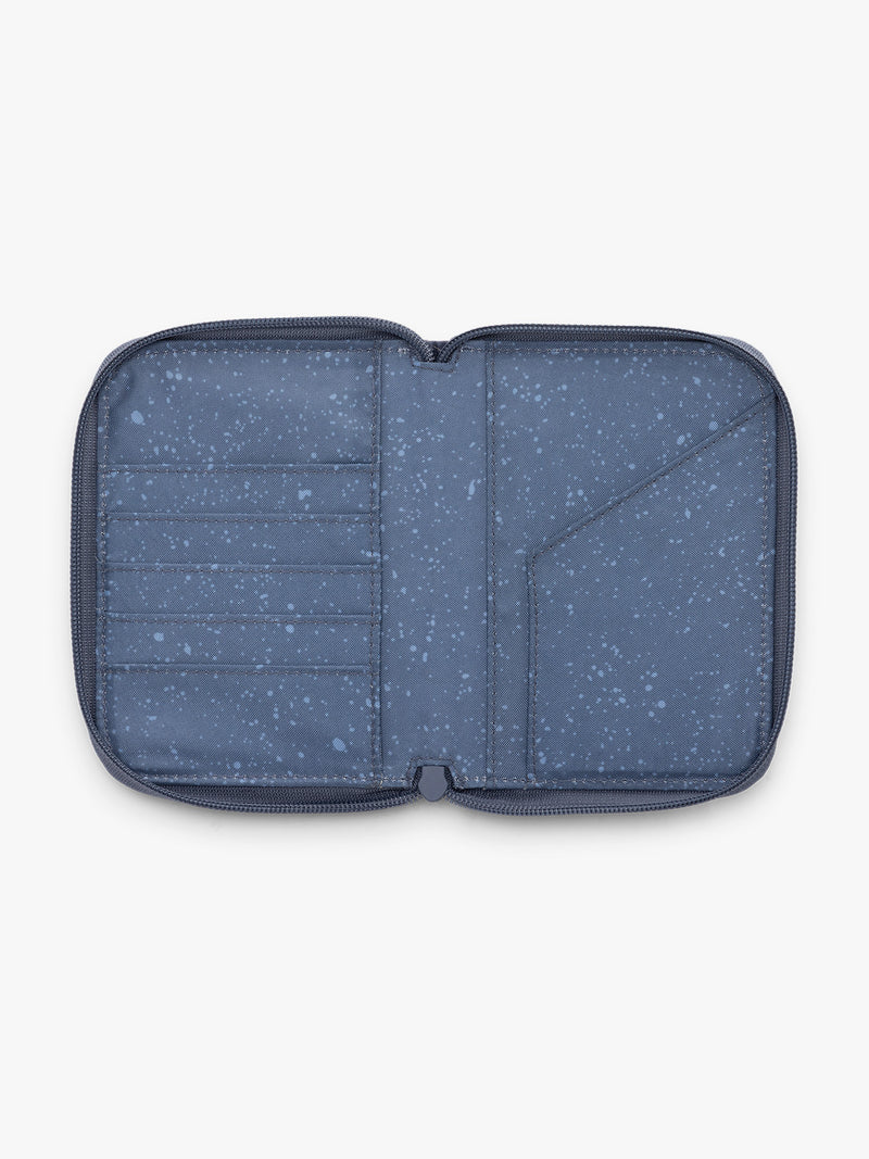CALPAK Terra Zip Passport Wallet in blue Indigo opened