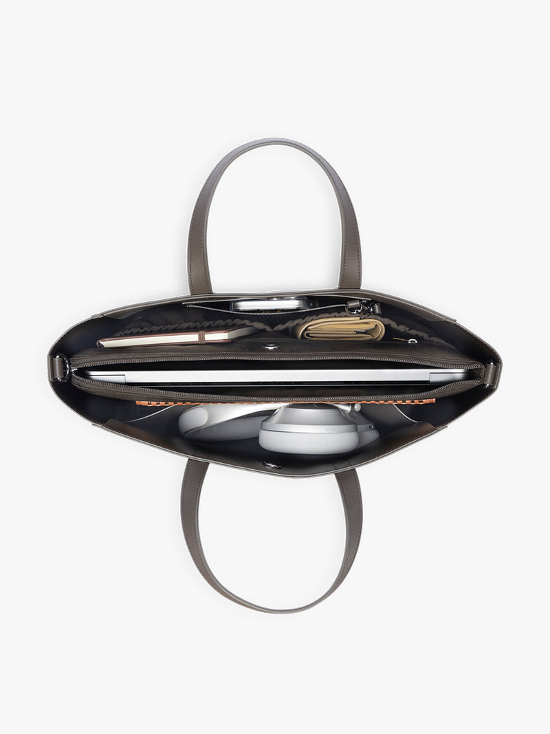 Open interior  of CALPAK Haven 15" Laptop Tote in dark brown Mushroom