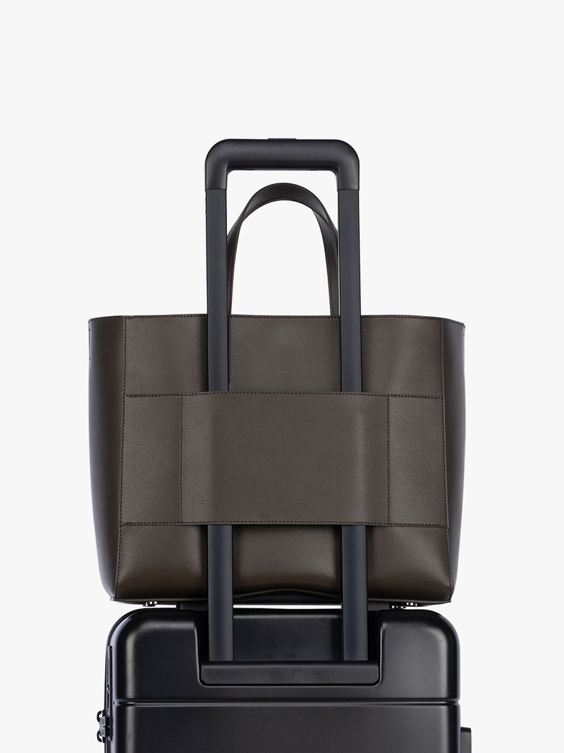 Trolley sleeve of CALPAK Haven 15" Laptop Tote in dark brown Mushroom