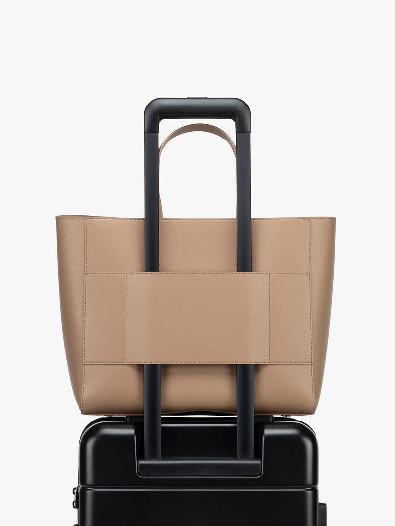 CALPAK Haven 15 inch Laptop Tote in beige Taupe with trolley sleeve