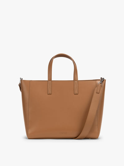 CALPAK Haven 15 inch Laptop Tote in brown Toffee front view with matching strap; ATS2501-TOFFEE view 1