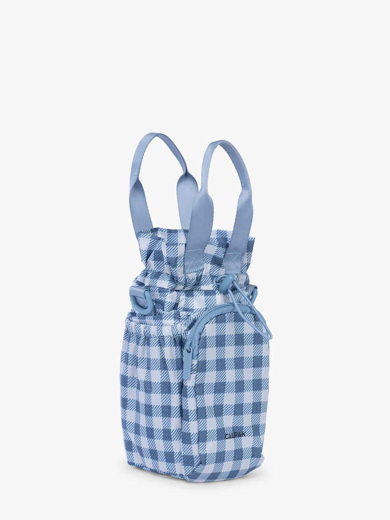 Opened CALPAK Water Bottle Holder in blue and white checkered French Blue Gingham