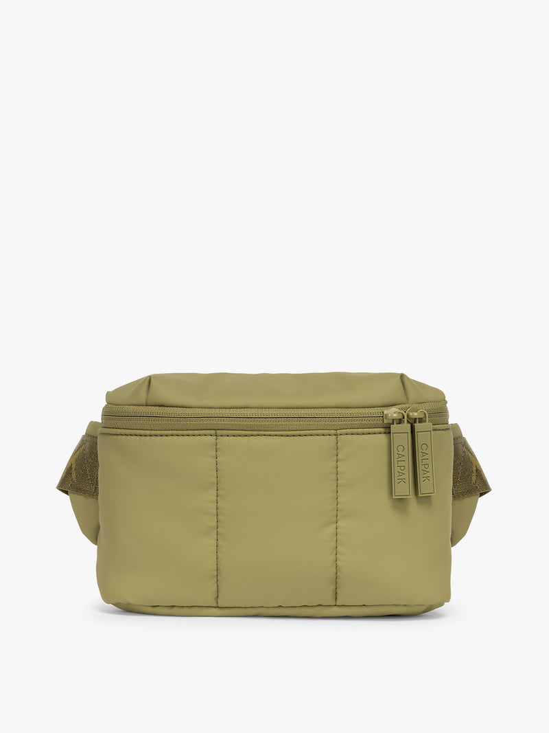 CALPAK Luka Mini Belt Bag in dark green Pistachio on white background