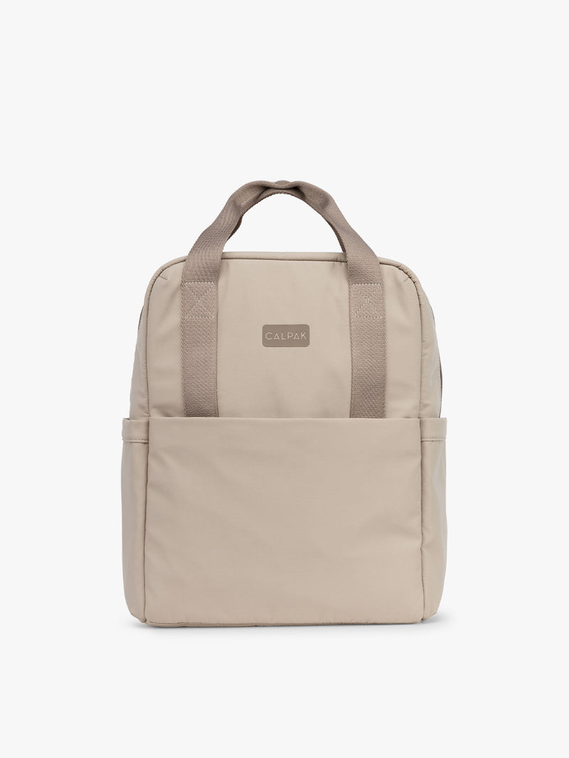 CALPAK Connect Laptop Backpack in grey beige Greige front view with a white background