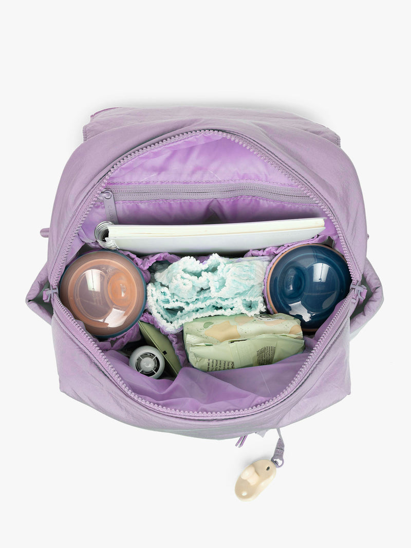CALPAK Convertible Mini Diaper Backpack in lavender purple Orchid opened interior