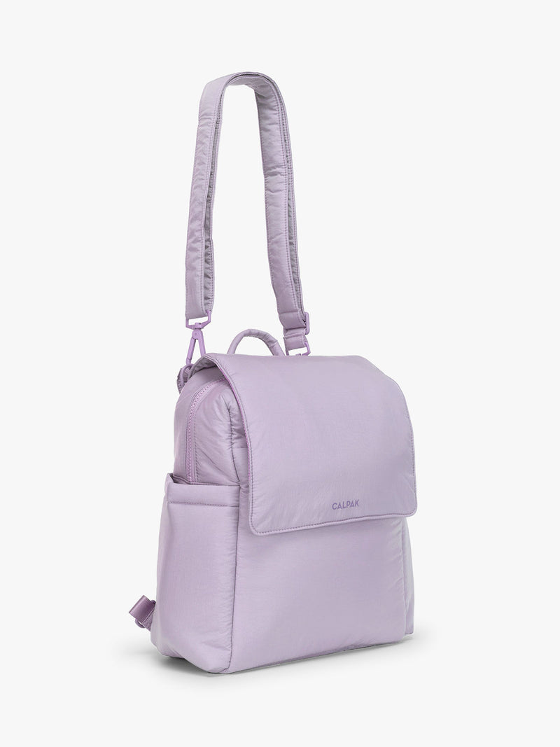 CALPAK Convertible Mini Diaper Backpack in lavender purple side with strap