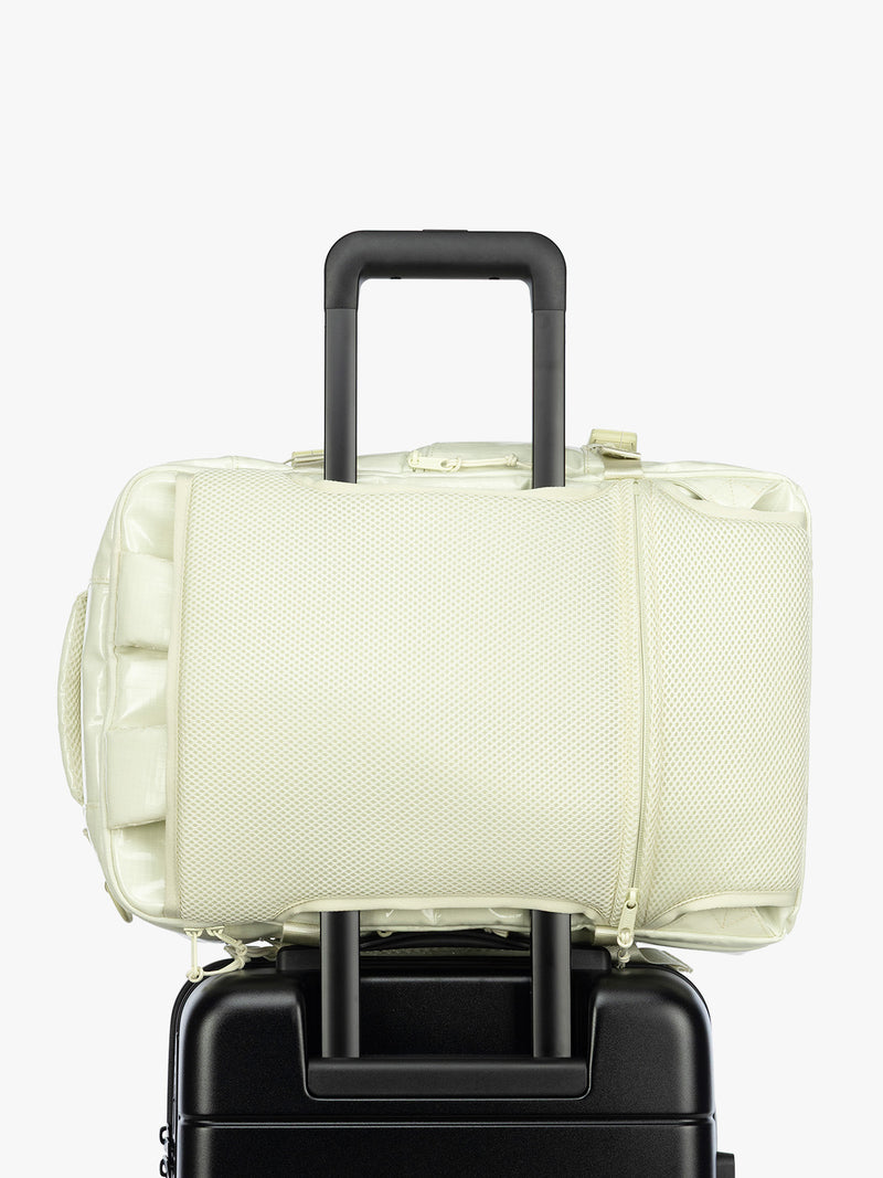 Luggage Trolley sleeve of the CALPAK Terra 26L Laptop Duffel Backpack with multiple pockets in light green Celadon on a white background