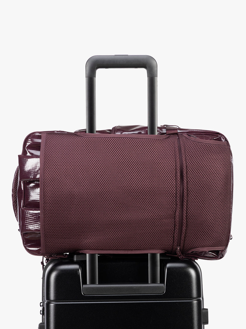 Backside Trolley sleeve of CALPAK Terra 26L Laptop Backpack in dark red Dark Cherry with multiple pockets on a white background
