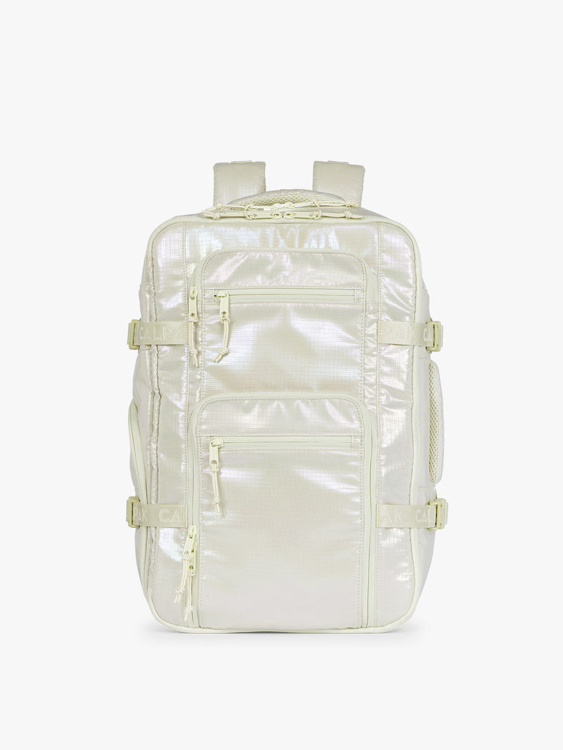 CALPAK Terra 26L Laptop Duffel Backpack with multiple pockets in shiny white Moonbeam on a white background