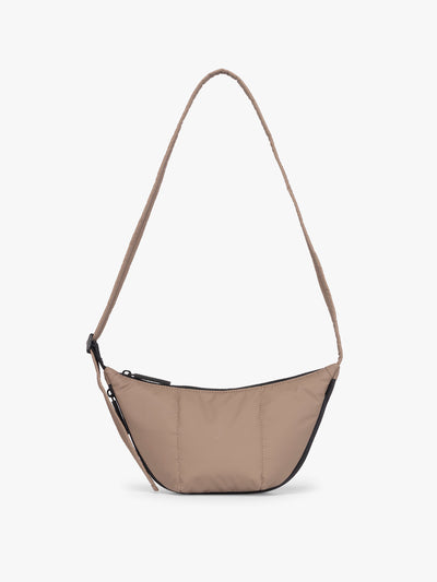 CALPAK Luka Crescent Tote bag in light brown Chocolate with shoulder strap and bag is expandable up to 2; CBL2601-CHOCOLATE view 1