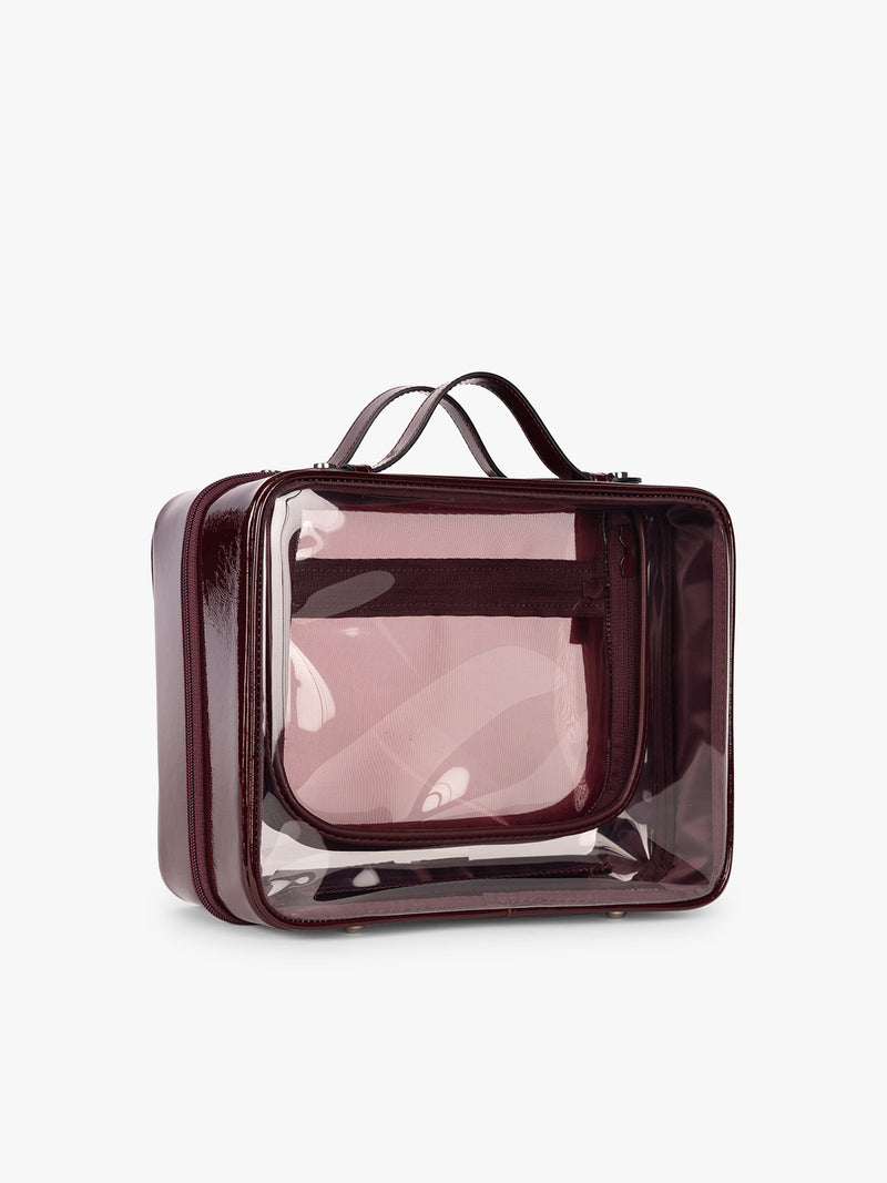 Side view of CALPAK Large Clear Cosmetics Case in maroon Glazed Dark Cherry