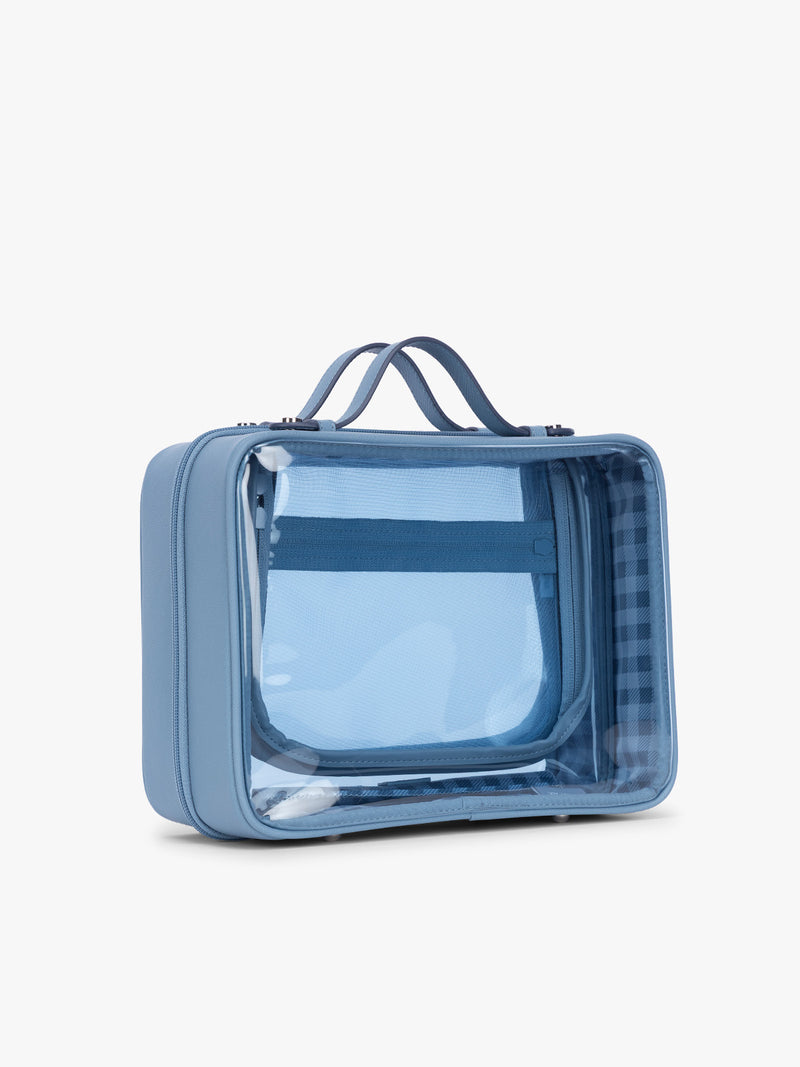 Side view of CALPAK Clear Cosmetic Case in light blue French Blue