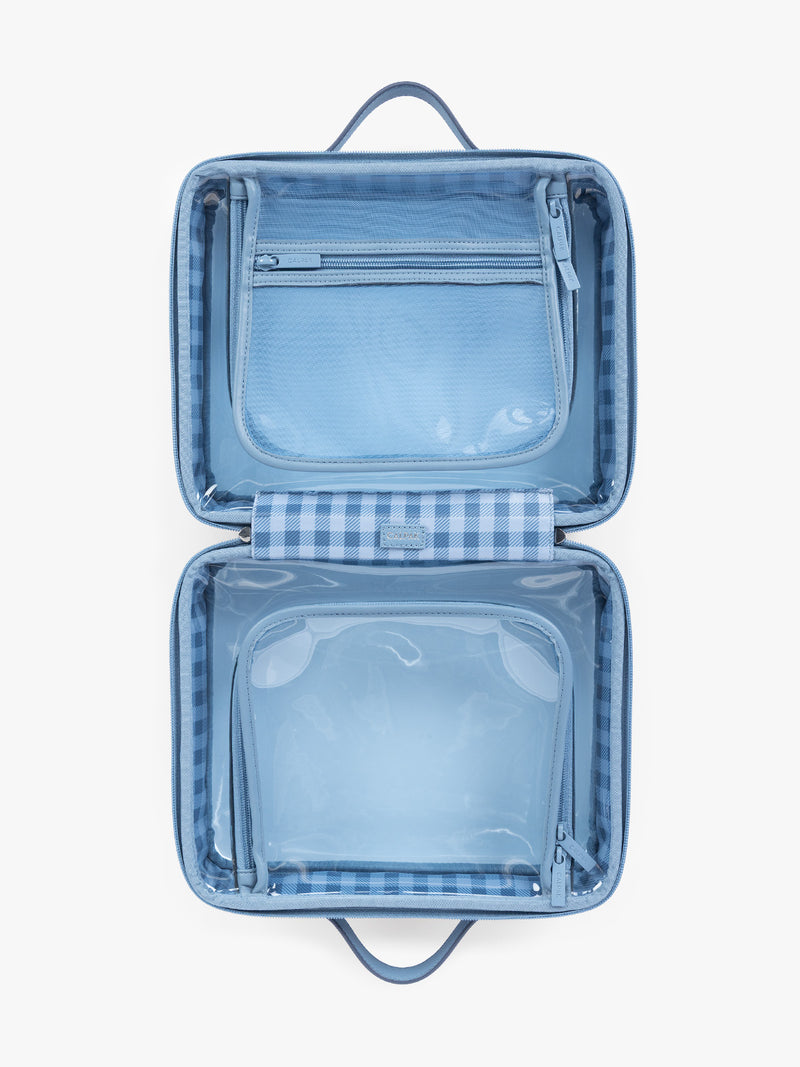 Opened view of CALPAK Clear Cosmetic Case in light blue French Blue
