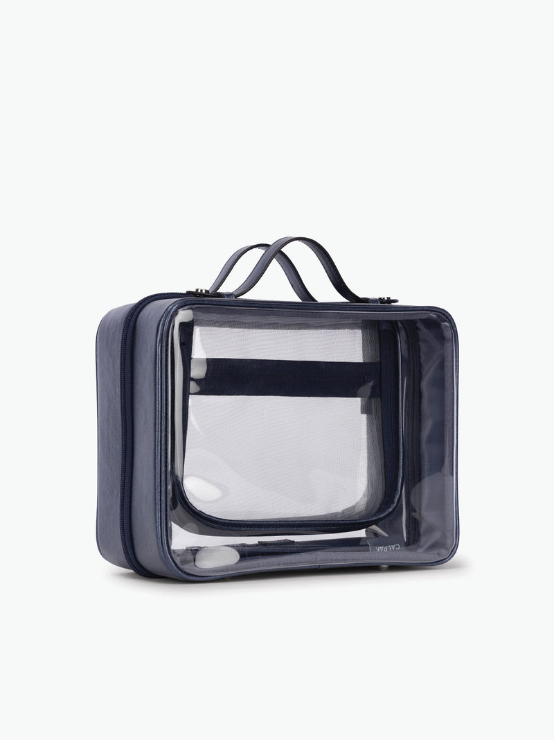 Side view of CALPAK Clear Cosmetic Case in dark blue French Blue
