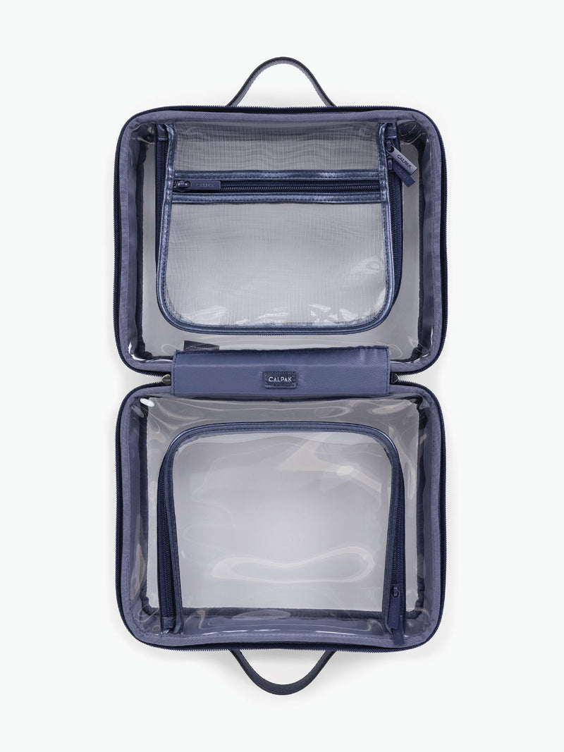 Opened view of CALPAK Clear Cosmetic Case in dark blue French Blue