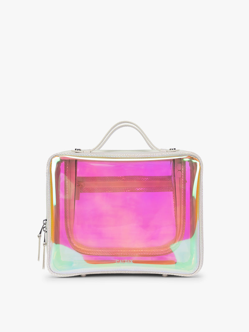 CALPAK Large Clear Cosmetics Case with white border and iridescent, holographic, and transparent case in Moonbeam on a white background